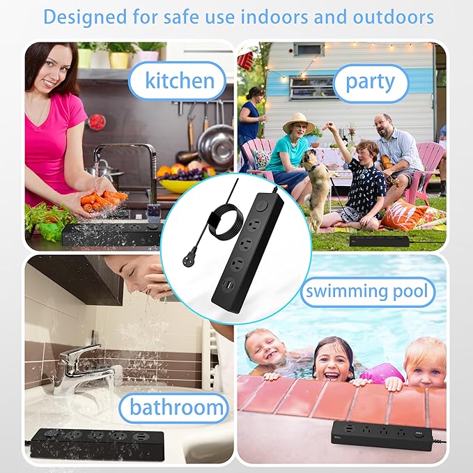 SOLL IPX9 Outdoor Power Strip Weatherproof, Surge Protector Power Strip with 3 Outlet and 3 USB Charging Ports(2 USB C), 5.18FT Extension Cord for Patio, Garden, Bathroom, Kitchen, Garage, Office