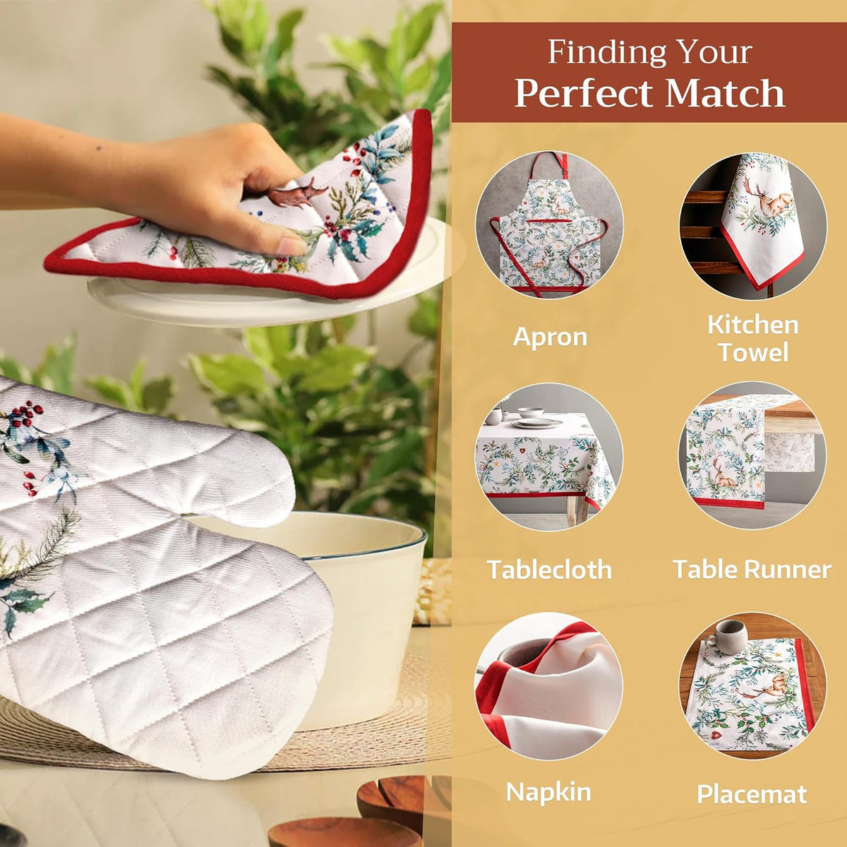 Maison d' Hermine Oven Gloves 100% Cotton Oven Mitt 7" x 13" with Loop Heat Resistant, BBQ, Cooking Gloves, Baking, Grilling, Kitchen, Handling Hot Pans (Pack of 1, Holly Time)