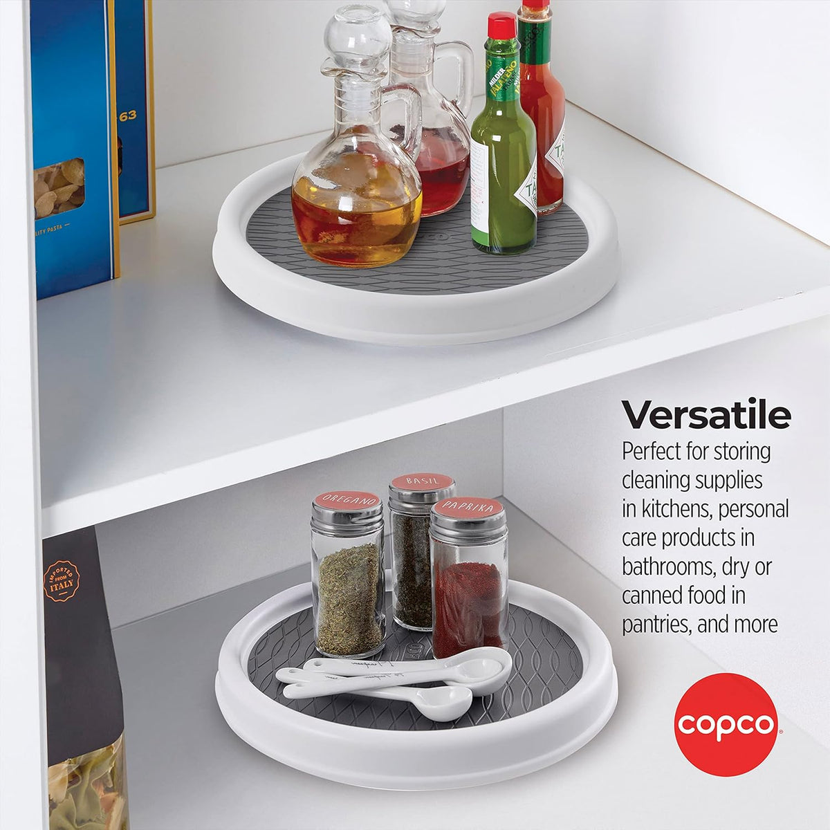 Copco 9 Inch Non Skid Pantry Cabinet Lazy Susan Turntable, Set of 2, Spinning Organizer for Kitchen, Countertop, or Bathroom, White and Gray