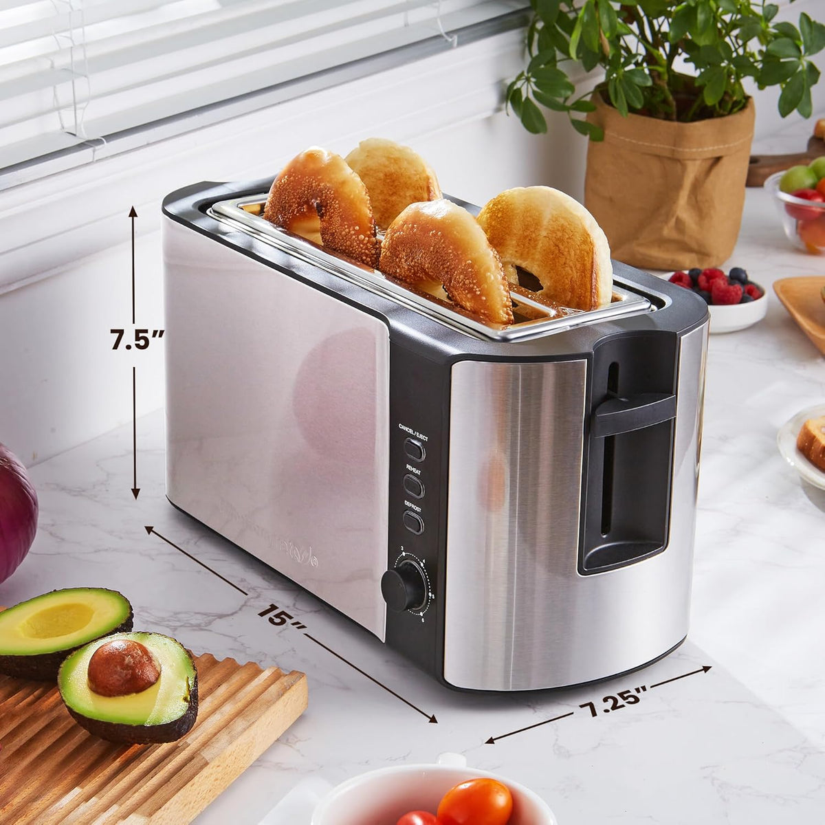 Elite Gourmet ECT-3100 Long Slot 4 Slice Toaster, Reheat, 6 Toast Settings, Defrost, Cancel Functions, Built-in Warming Rack, Extra Wide Slots for Bagels & Waffles, Stainless Steel & Black