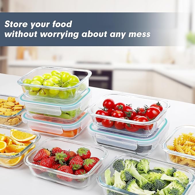 BAYZZ Glass Meal Prep Containers, 10 Packs 22 oz Airtight Glass Food Storage Containers with lids, Microwave, Oven, Freezer & Dishwasher Safe, Green