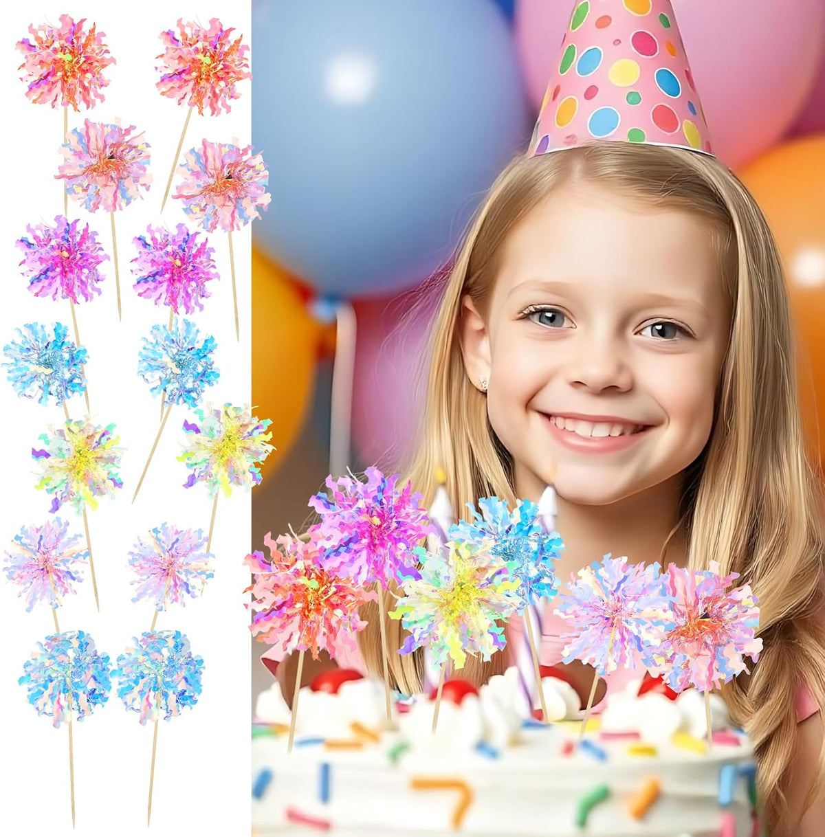 35Pcs Foil Firework Cupcake Toppers, Sparkle Tinsel Cake Toppers, Tinsel Drink Cake Decoration, Cocktail Food Fruit Toothpick for Cake Decoration Party Supplies
