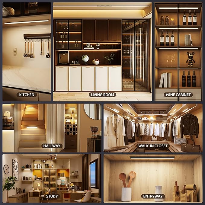 134 LED Under Cabinet Lights Wireless with Full Lighting,Rechargeable Closet Lights with Remote and Motion Sensor Indoor,Under Counter Light with CCT and Dimmable for Kitchen,Stair(3 Pack,15.7inch)