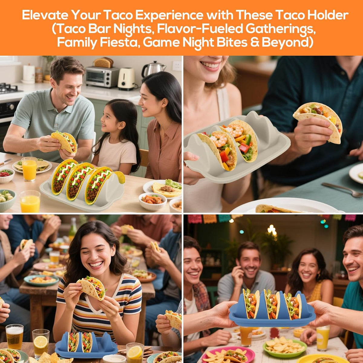 Silicone Taco Holders Set of 2 - Reusable Taco Stand with Dividers for Hard/Soft Shells, Microwave & Dishwasher Safe, Non-Slip Taco Serving Plates for Taco Tuesday, Party, Fiesta(white + navy)
