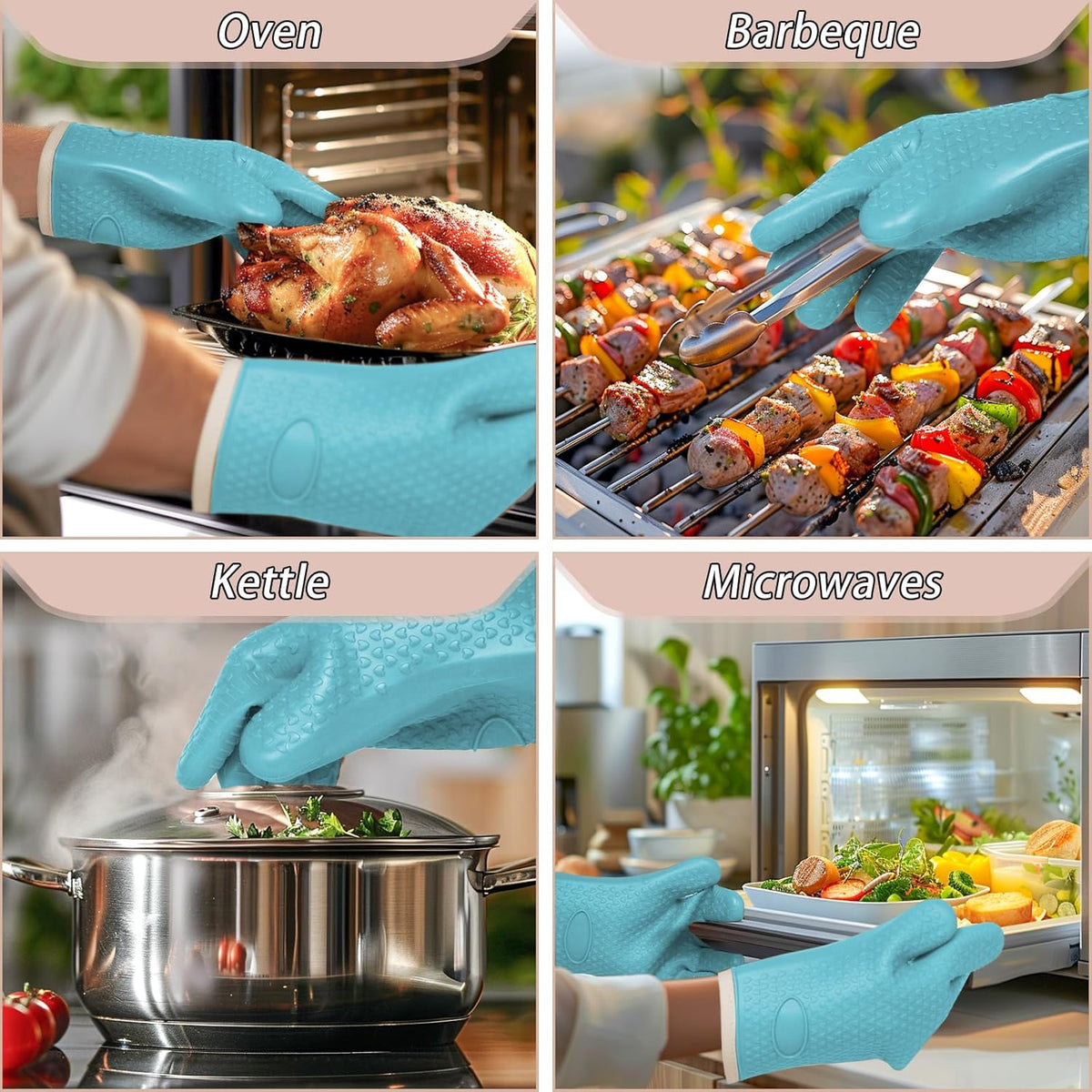 Oven Mitts with Fingers, Heat Resistant 500°F, Waterproof & Non-Slip Kitchen Gloves for Baking, Grilling, Cooking - 5-Finger Design with Soft Lining, Hanging Hook,Pale Blue