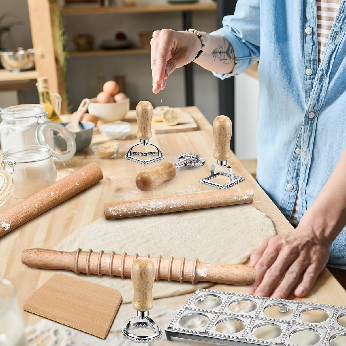 12 Piece Ravioli Mold Set with Press, Scraper, Cutter, Pierogi Maker, Rolling Pin, Gnocchi Board, Wooden Roller, and 4 Ravioli Stamp Maker Cutters for Making Pasta, Dumplings, and Pierogi