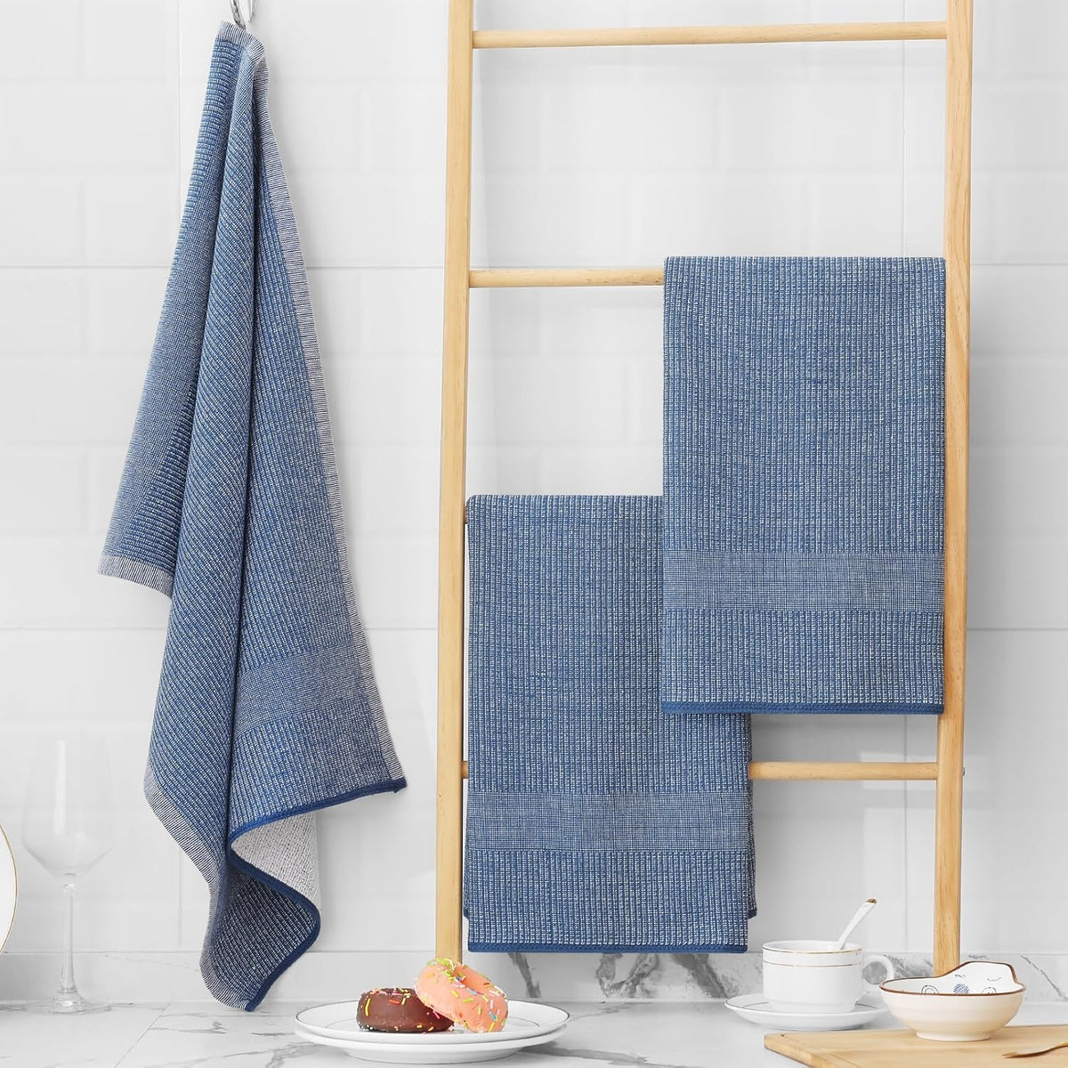 Homaxy Premium Kitchen Towels(18”x 28”, 12 Pack), Large Cotton Kitchen Hand Towels, Flat and Terry Dish Towels, 380 GSM Highly Absorbent Tea Towel Set with Hanging Loop, Navy Blue
