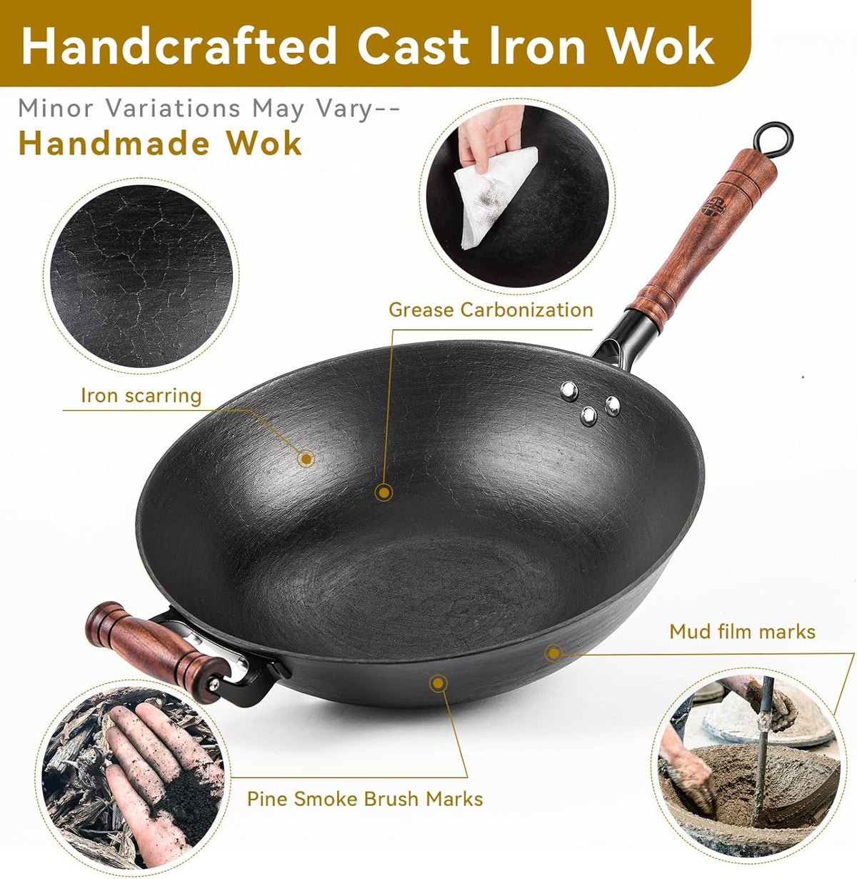 WANGYUANJI Cast Iron Wok,14.1 inch Flat Bottom Wok with Glass Lid,Suitable for All Cooktops, Uncoated Craft Pot Healthy Cooking Pot