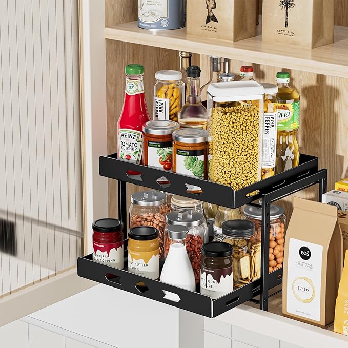 Spice Organization for Cabinet, 2-Tier Cabinet Spice Rack, Height Adjustable Vertical Spice Rack Pull Out for Kitchen, Cabinet, Pantry (14.1''Wx10.8''Dx9.2''H, Metal Black)