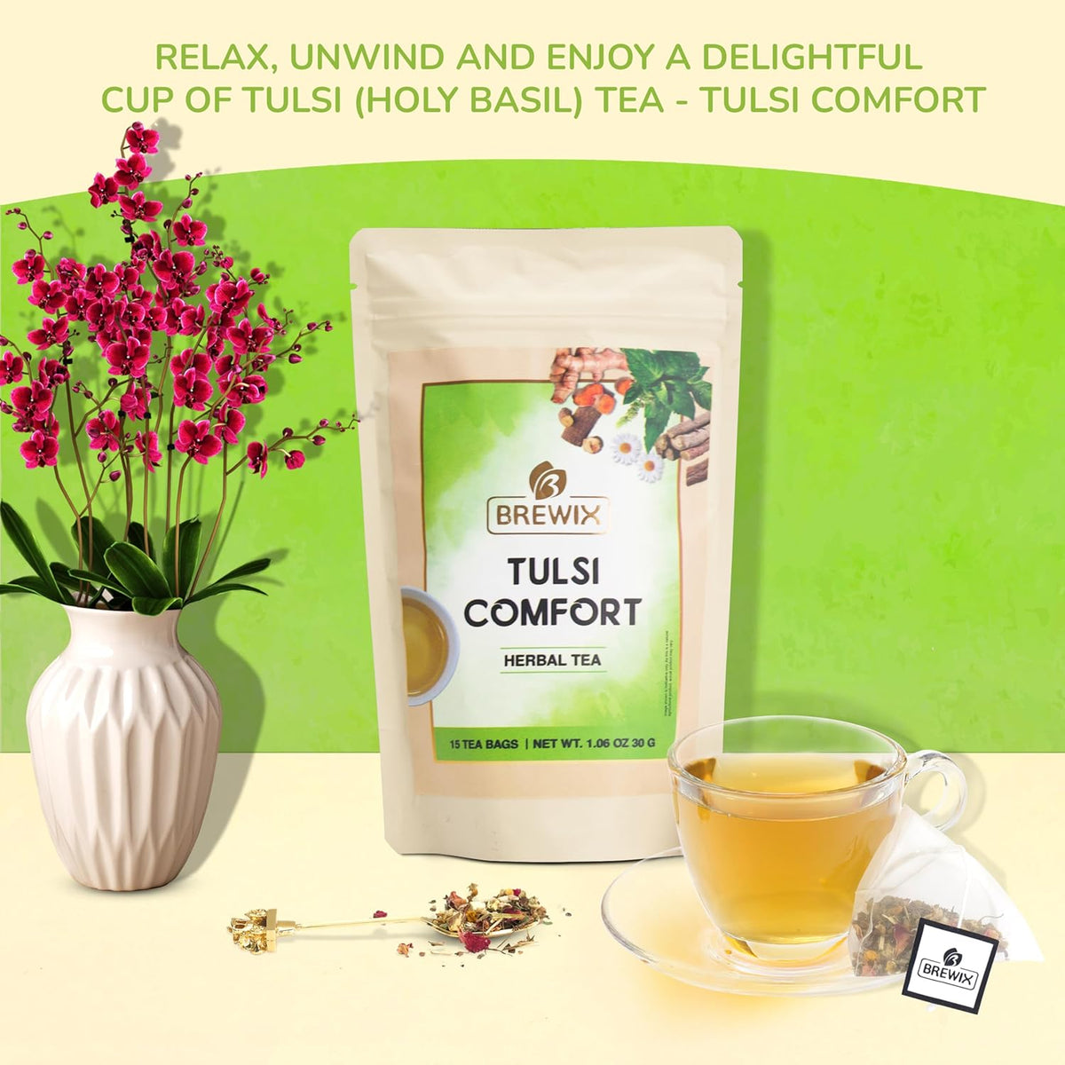 BREWIX Holy Basil Tea Bags (15 Pyramid Tea Bags) | Tee With Tulsi Leaves and Chamomile | Caffeine Free, Calming Herbal Tea With Fresh and Cool Flavor