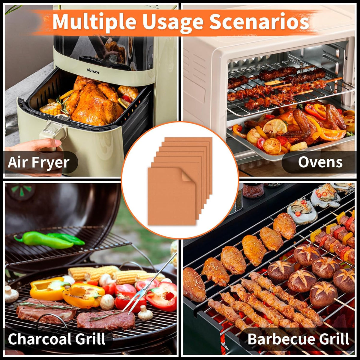 WIBIMEN Grill Mats for Outdoor Grill, Copper 9pcs Grill Mat, 100% Non-Stick PFOA Free 15.75 x 13", Heavy Duty, Reusable and Easy to Clean - Gas Charcoal & Electric BBQ