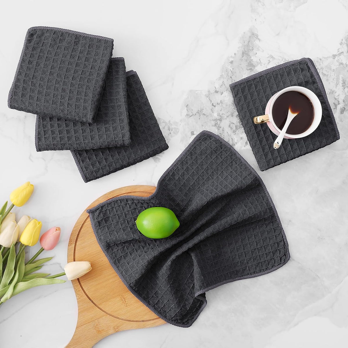 Homaxy Microfiber Waffle Weave Kitchen Dish Cloths, 12 x 12 Inch Ultra Absorbent and Solid Color Dish Towels for Kitchen Fast Drying Dishcloth for Washing Dishes, 8 Pack, Dark Grey