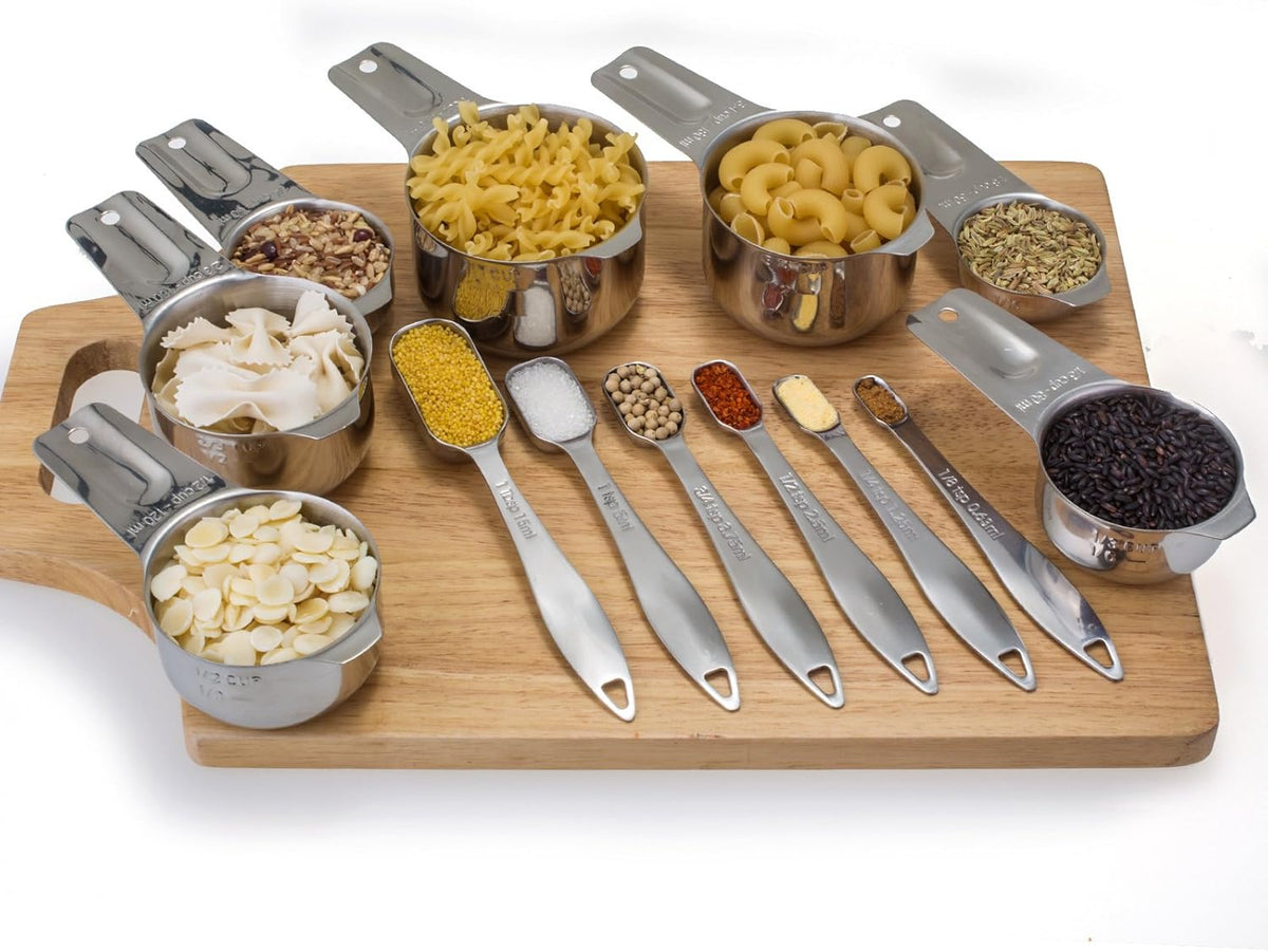 13-piece Measuring Cups and Spoons Set, 18/8 Stainless Steel Heavy Duty Ergonomic Handle with Ring Connector, Silver