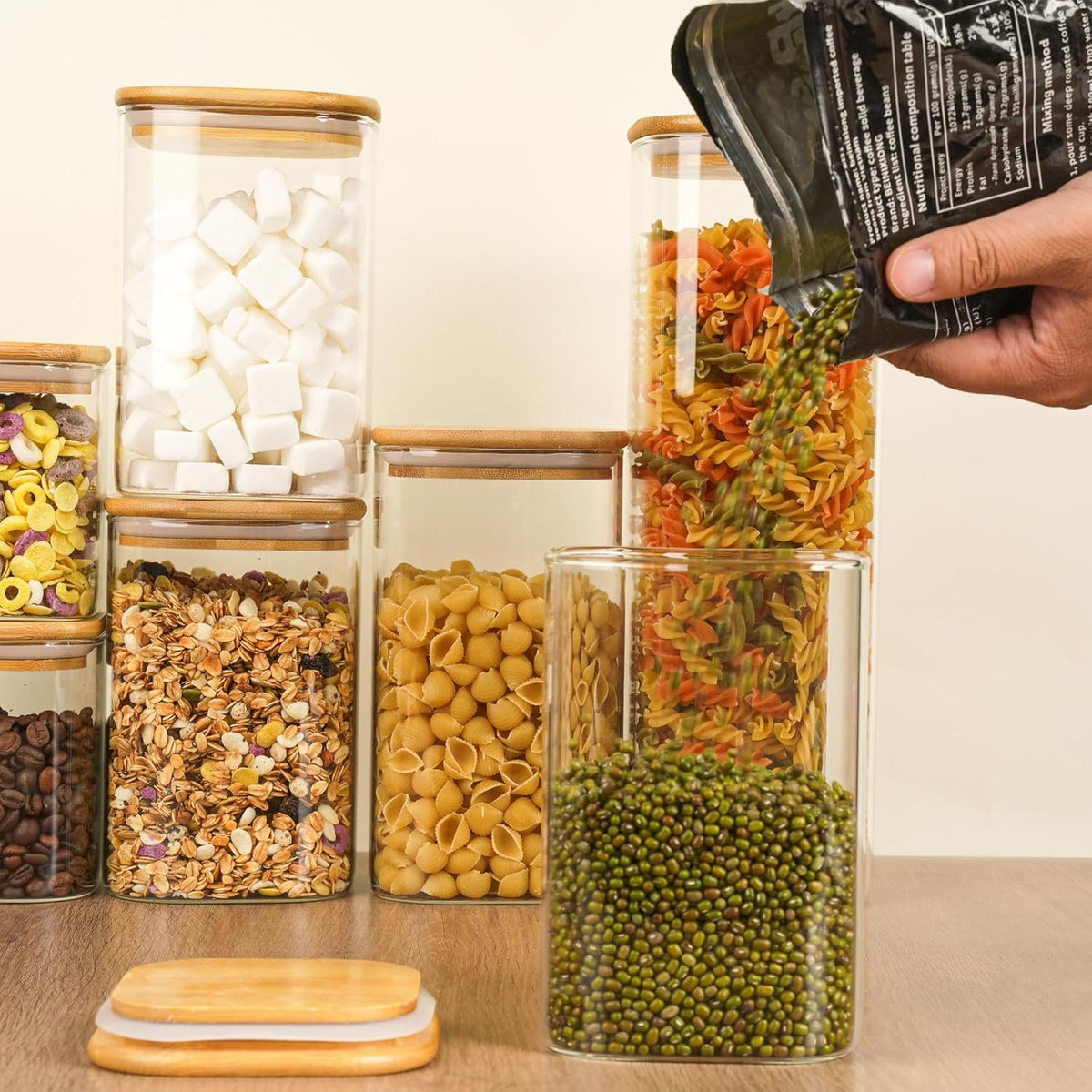 82 Oz Glass Storage Containers with Bamboo Lids, Square Glass Canister Sets Clear Glass Pantry Storage Containers with Lids for Cookie Flour Oat Pasta Tea Coffee Bean, Set of 3