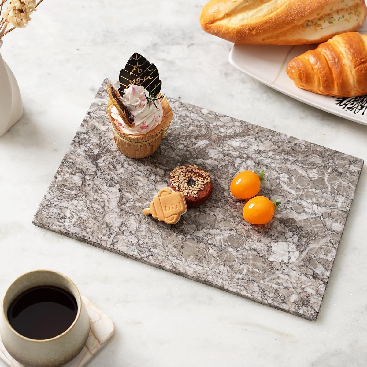 Koville Natural Marble Cutting Board for Kitchen Pastry Bread, 12" x 8" Real Stone Slab Marble Cheese Board for Counter, Decorative Boards Serving Boards for Home Kitchen(Morocco-Zagora Gray)