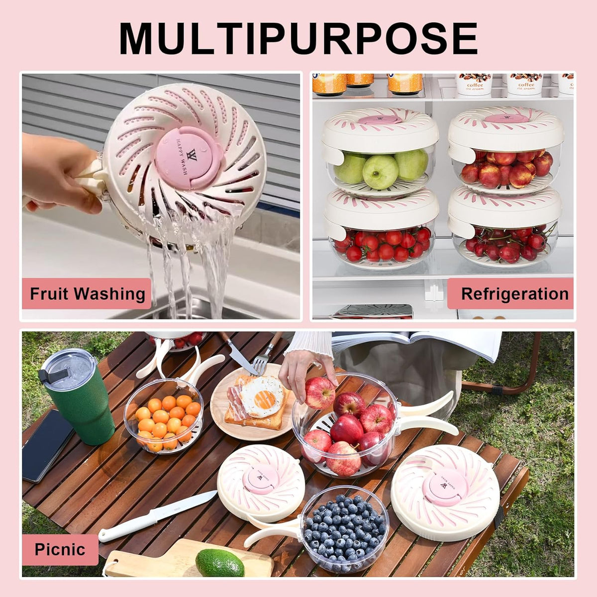 2 Pcs, Fruit Washing Bowl with Strainer, fruit strainer container with lid, Portable Fruit Colander with Collapsible Handle, Strawberries Container Salad Stir for Kitchen Picnic, Large & Small