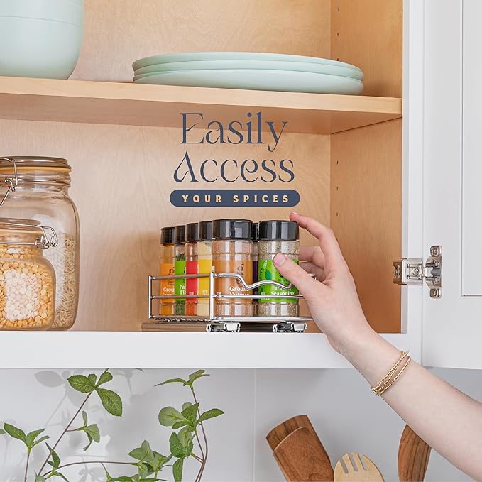 Pull Out Cabinet Organizer for Spices, Cans - Heavy Duty with Lifetime Limited Warranty- Pull Out Spice Rack- Cabinet Pull Out Shelf for Cans,Dishes, Etc, 4-1/2"W x 10-1/2"D x 2-3/4โH, Chrome
