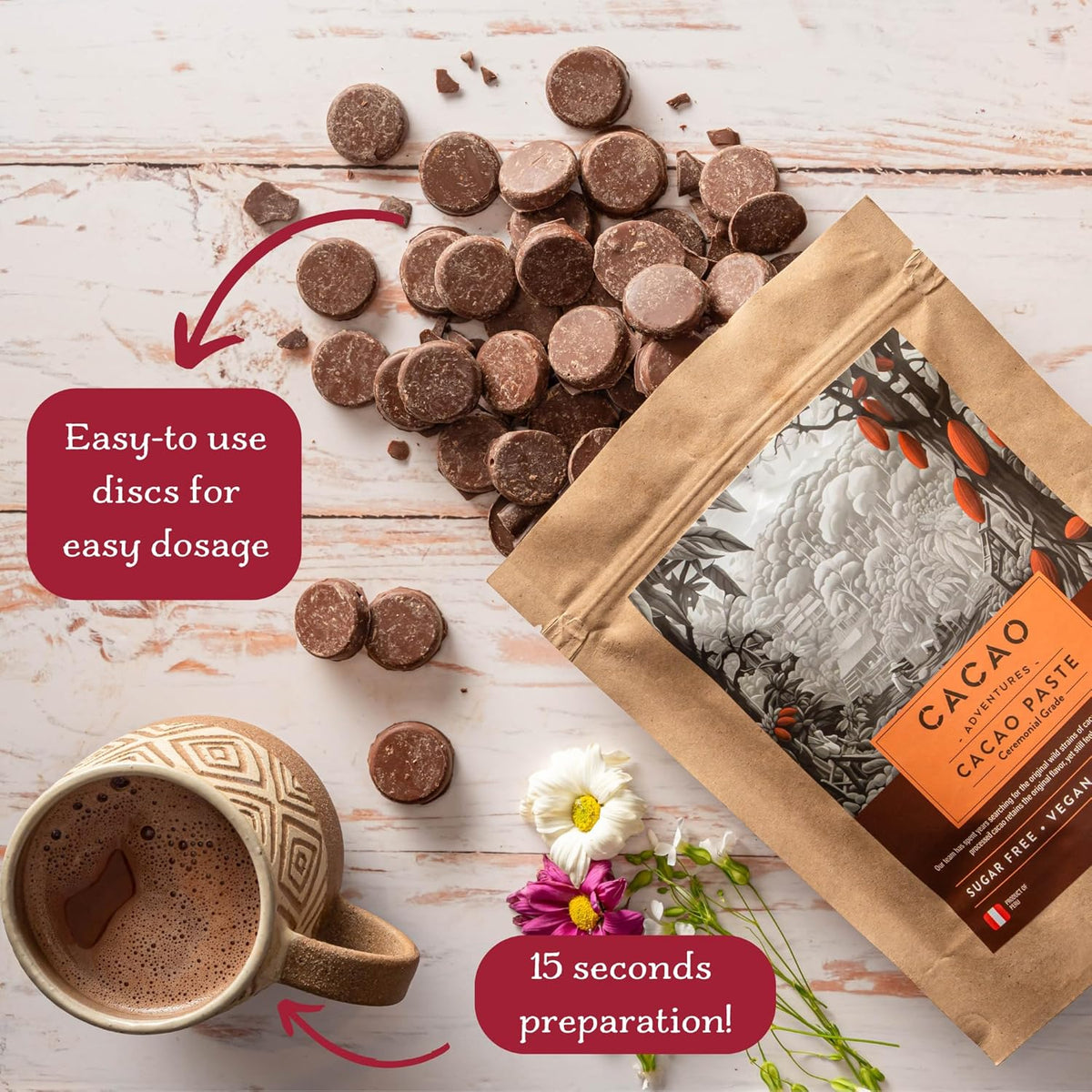 Cacao Adventures Ceremonial Grade Cacao | 100% Pure Cacao | Dairy & Vegan Free | Unsweetened | Vegan Peruvian Cacao