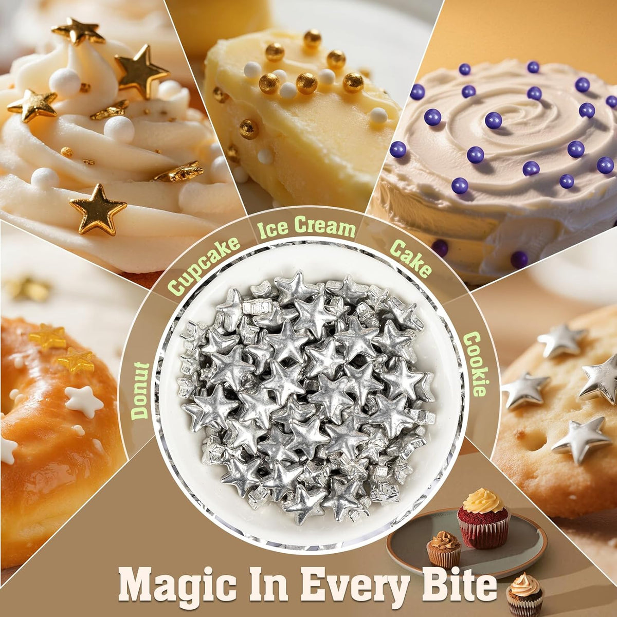 Twisweet Silver Sprinkles, Edible Silver Stars for Cake Decorating, Sugar Sprinkles for Baking, Mix Size Silver Candy, Cake Topper Ice Cream Cupcake Cookie Toppings Dessert Decorations, Christmas Wedding Birthday Party Supplies (130g/4.58oz)