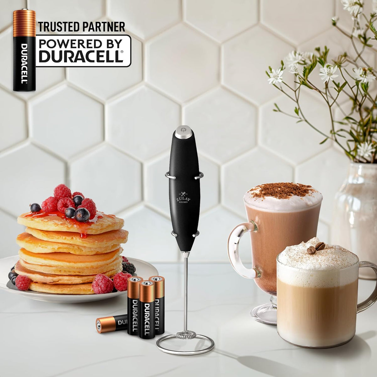 Zulay Kitchen Powerful Milk Frother Wand With 4 AA Duracell Batteries - Ultra Fast Handheld Drink Mixer - Electric Whisk Foam Maker for Coffee, Lattes, Cappuccino, Matcha & Creamer -
