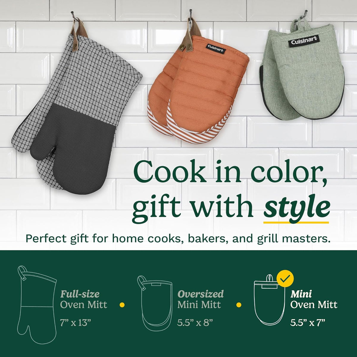 Cuisinart Mini Oven Mitts – 5.5” x 7” Heat-Resistant Kitchen Mitts for Oven with Non-Slip Neoprene Palm, Cotton Filling, and Fabric Loop – Durable Oven Mitt Set for Cooking & Baking (Charcoal)