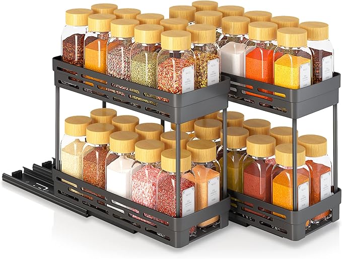 Pull Out Spice Rack Organizer for Cabinet, 3 Packs Slide Out Spice Racks Organizer, Spice Cabinet Organizers, Cabinet Size Need:12'' Highx11'' Deepx5'' Wide,Each Tier Hold 10 Spice Jar - 2 Tier, Black