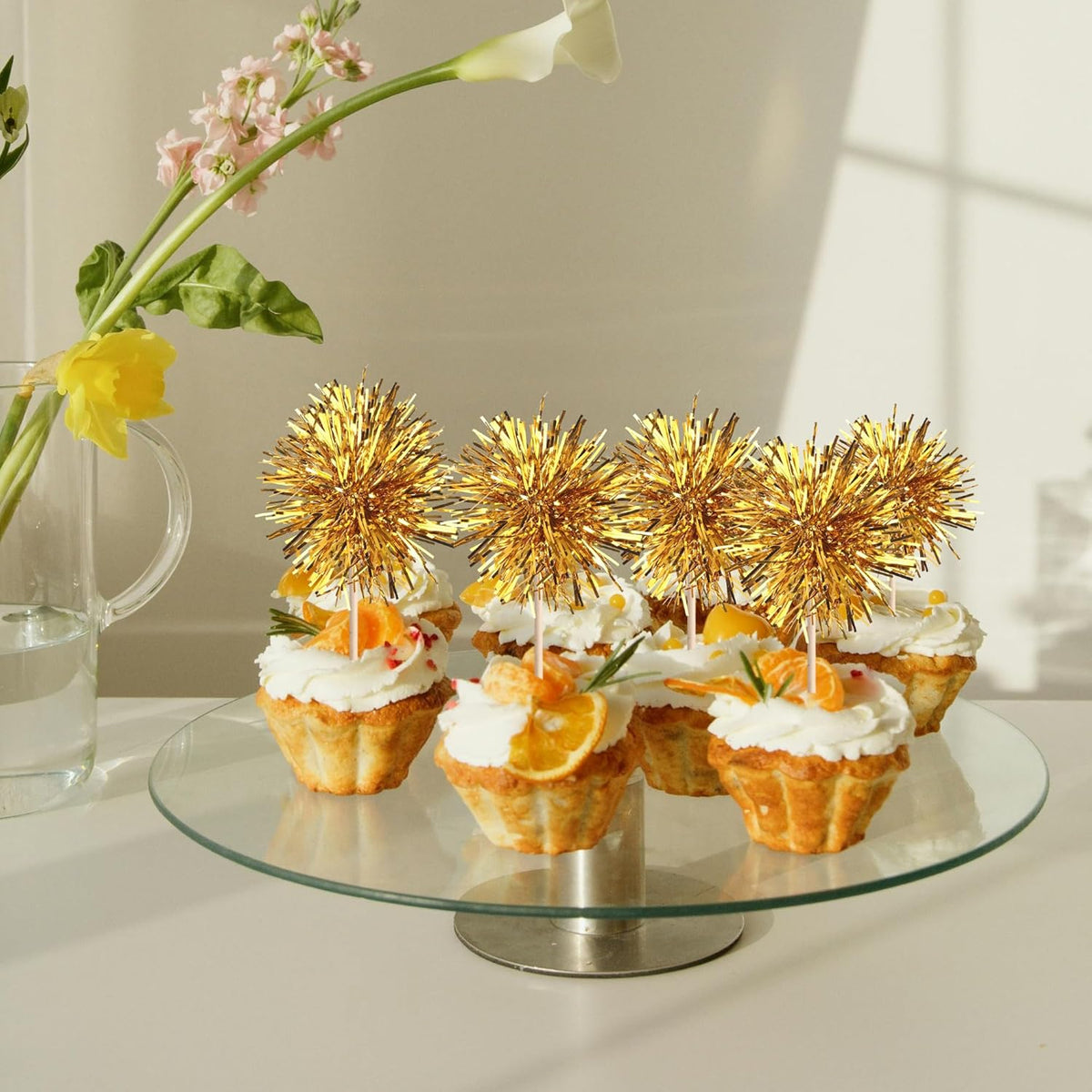 40 PCS Foil Firework Cupcake Toppers Fireworks Cupcake Picks Sparkle Tinsel Cake Decorations Cocktail Fruit Toothpick for Firework Theme Birthday Wedding Graduation Party Decorations Supplies Gold