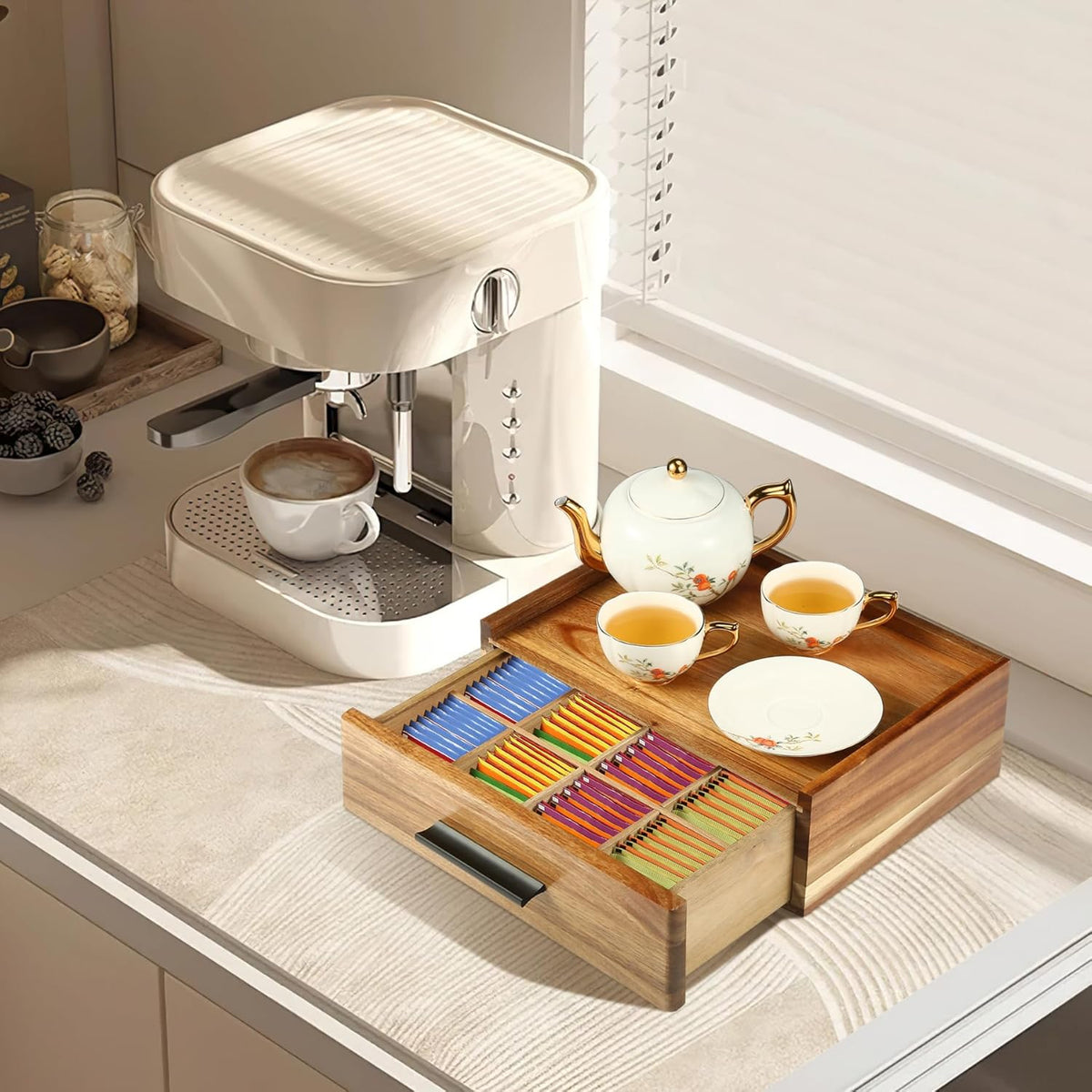 Acacia Wood Tea Bag Organizer - 12-Compartment Capacity Tea Box Organizer Storage Box with Drawer, Tea Accessories for Tea Bags Storage Drawer, Tea Station for Countertop