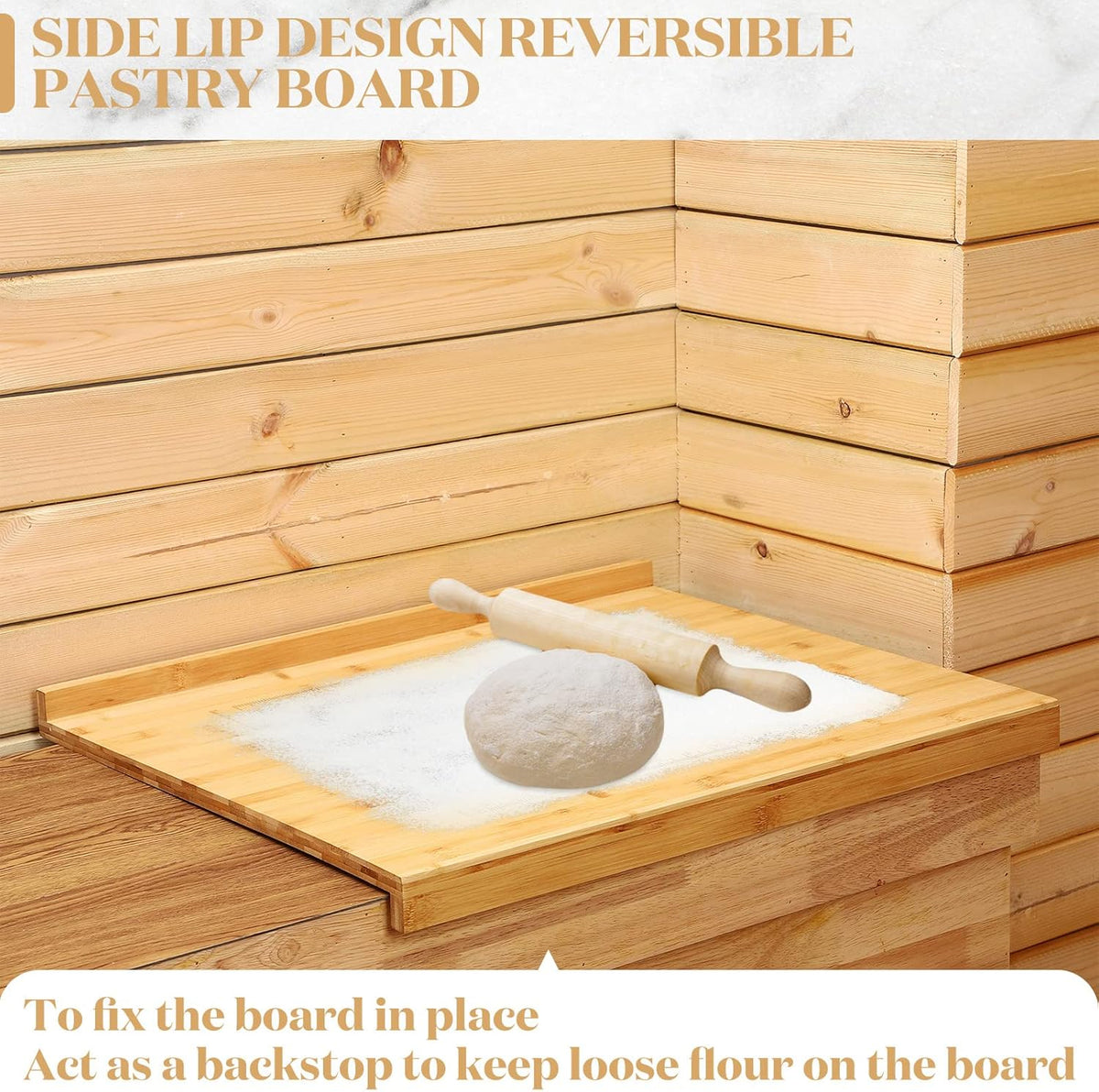 Vesici Reversible Pastry Board with Lip for Rolling Dough Large Wooden Cutting Chopping Kneading Board with Engraved Measurements for Counter Table Top Kitchen(Wood,24 x 22.8 x 1.5 Inch)