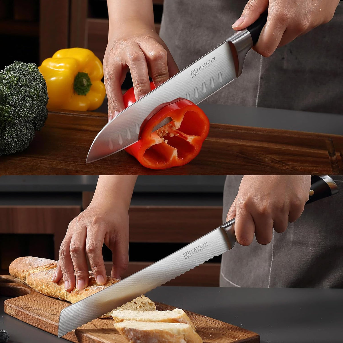 PAUDIN Knife Block Set, 15 Pieces Knife Set with Block, High Carbon Stainless Steel Kitchen Knife Set with Sharpener, Knives Set for Kitchen with Full Tang Triple Rivet Handle