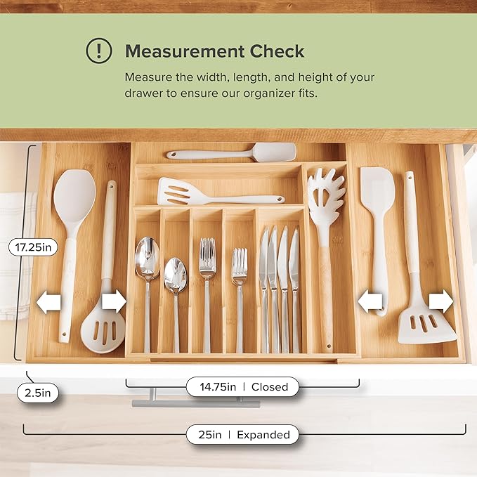 Premium Silverware, Flatware and Utensil Organizer for Kitchen Drawers, Food-Safe Contract Grade, Expandable from 14 to 25 In, Natural Bamboo