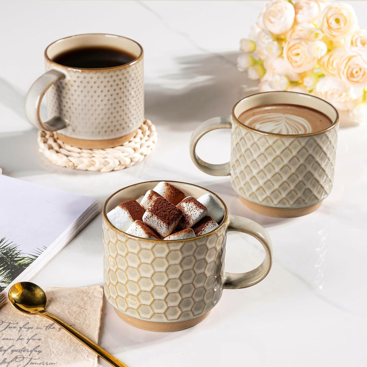 GBHOME 12OZ Stackable Coffee Mugs, Ceramic Coffee Mugs with Texture Patterns for Man,Woman,Dad,Mom, Modern Coffee Mugs Set of 4 for Latte/Cappuccino/Cocoa. Dishwasher&Microwave Safe, Pale Khaki