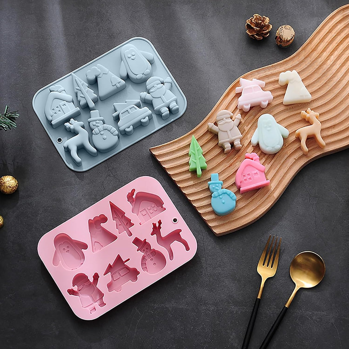 2 Pack Christmas Silicone Chocolate Molds, 3D Snowman Elk Xmas Tree Penguin Santa Claus Snowmobile Christmas Hat House Shape Candy Baking Molds for DIY Handmade Soap Mini Cakes Jello Fondant
