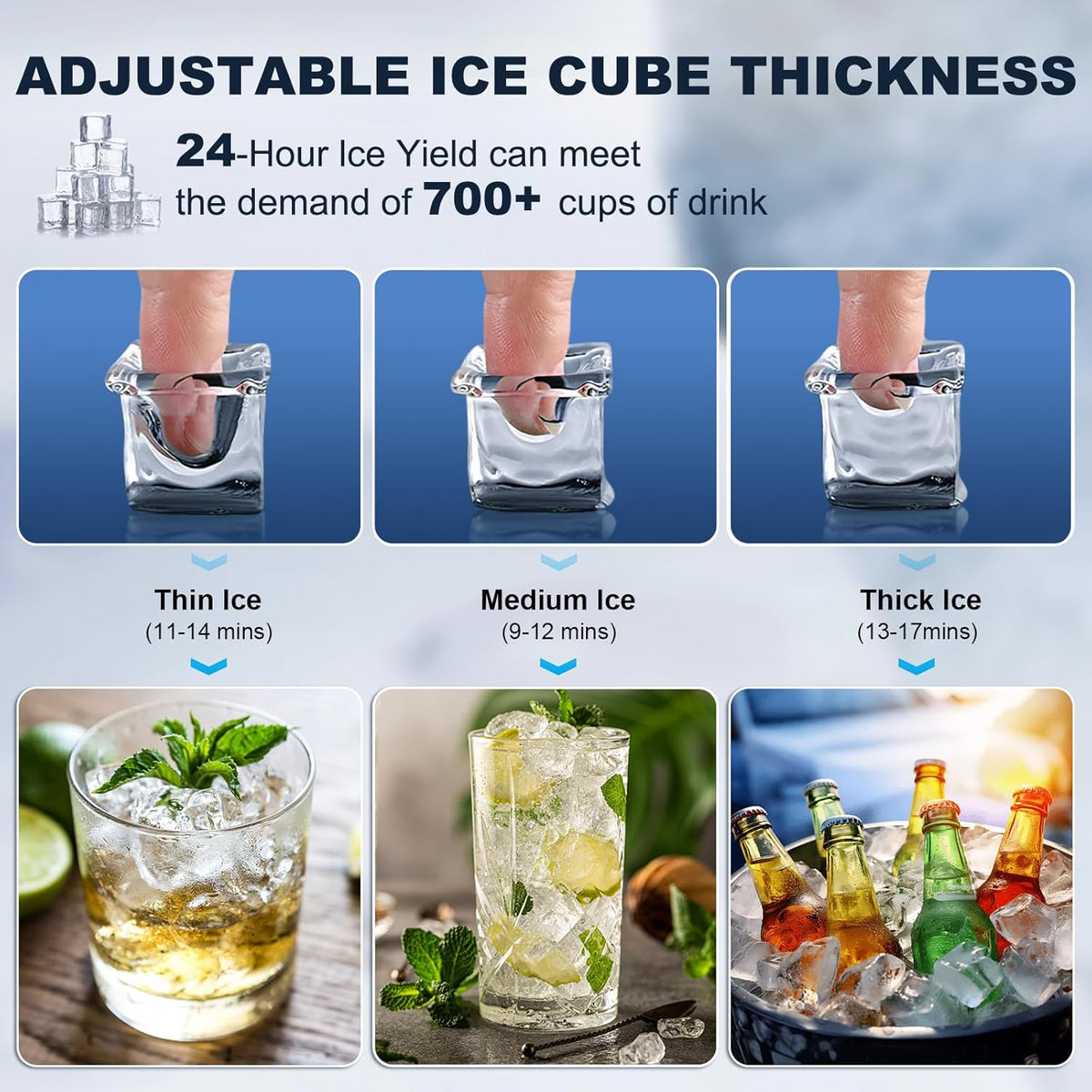 Commercial Ice Maker Machine, 160 lbs/24H with 50 lbs Storage Bin, Dual Water Inlet Options, Under Counter Freestanding Ice Maker for Home, Bar, Support 5-Gallon Bottle Water & Tap Water