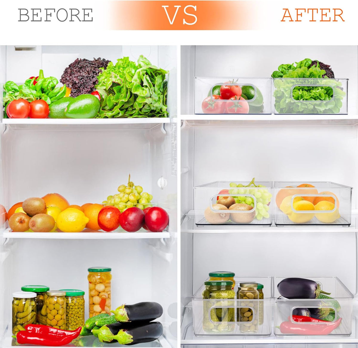 LotFancy Refrigerator Organizer Bins, 4 Pack,10x6x3 in, BPA Free Clear Plastic Storage Bins for Pantry Organization, Stackable Containers with Handles for Fridge, Kitchen Drawer, Freezer, Cabinet