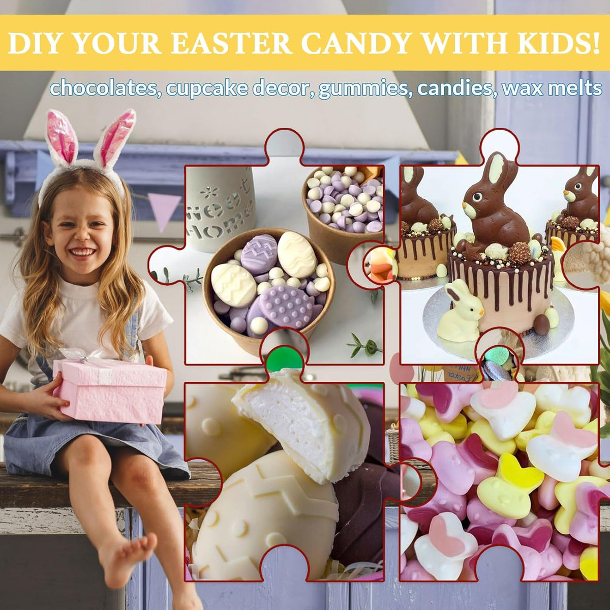 HKNMTT Easter Silicone Candy Mold 4-PACK 9 Shaped Egg Rabbit 72 Cavities Chocolate Mould Wax Melt Tray for Gummies Cupcake Decor Kids Holiday Gift Fudge Making Set
