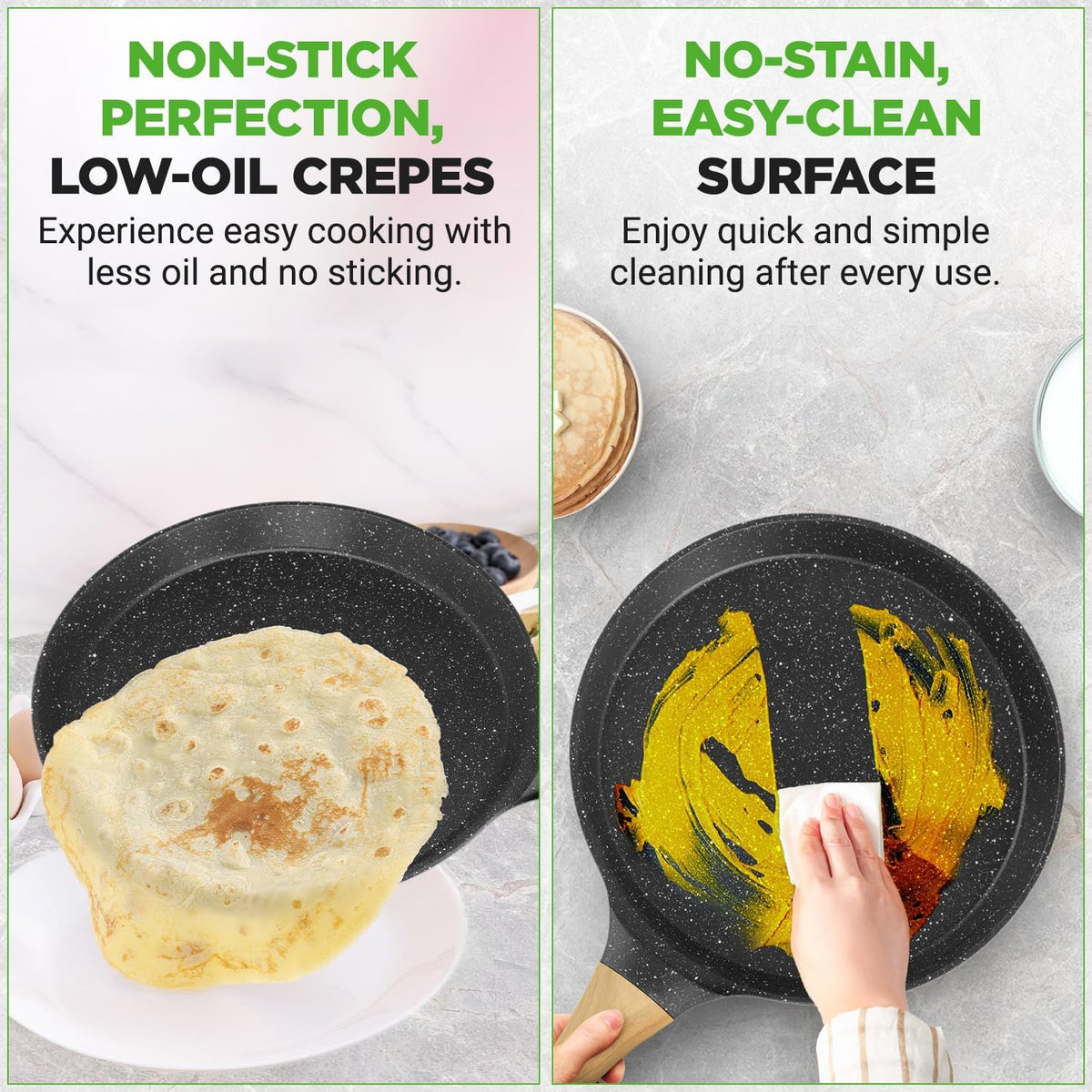 NutriChef 11” Non-Stick Crepe Pan with Wooden Spreader, Durable Marble Coated Dosa Pan, Bakelite And Wood Handle With Induction Bottom, Easy-to-Clean, Stain-Resistant (Black Marble)