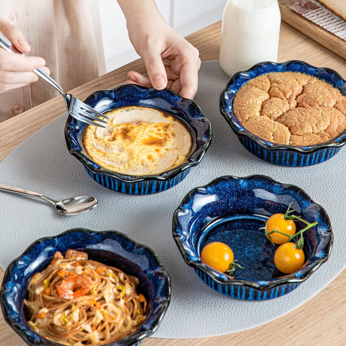 vancasso Mini Pie Pans Set of 6, 5.2 Inch Ceramic Deep Dish Pie Plates with Ruffled Edge for Baking, Microwave & Oven Safe, Blue