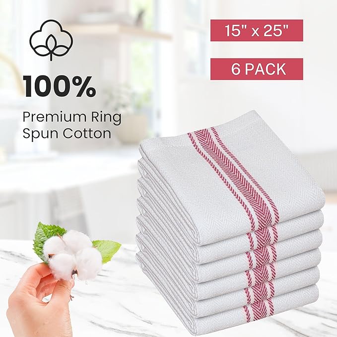 WHITEWRAP Kitchen Dish Towels for Kitchen, Highly Absorbent for Drying and Cleaning, Durable and Soft Tea Towels – 6 Pack, 100% Ring Spun Cotton 15 x 25 Inches – Red