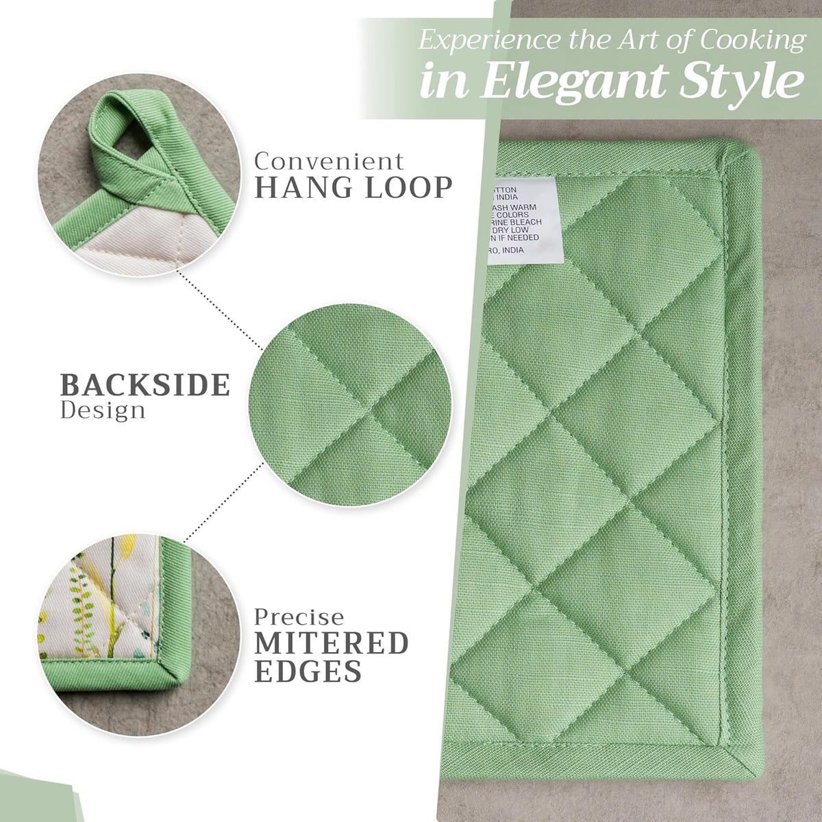 Maison d' Hermine 100% Cotton Oven Mitt & Pot Holder Set (7.5"x13" & 8"x8") Heat Resistant BBQ Cooking Gloves with Loop, Baking, Grilling, Kitchen, Handling Hot Pans Spring/Summer (Botanical Fresh)