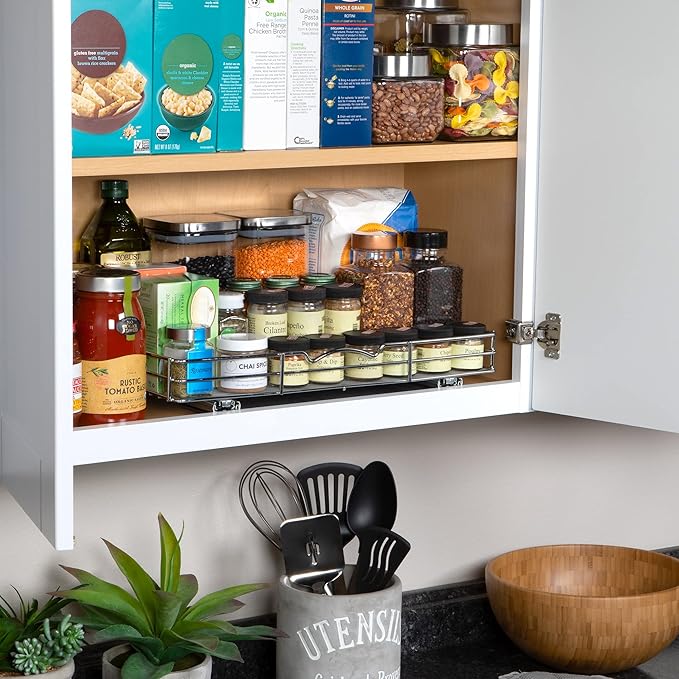 Pull Out Cabinet Organizer for Spices, Cans - Heavy Duty with Lifetime Limited Warranty- Pull Out Spice Rack- Cabinet Pull Out Shelf for Cans,Dishes, Etc, 18-3/8"Wx 10-1/2"D x 2-3/4โ H, Chrome