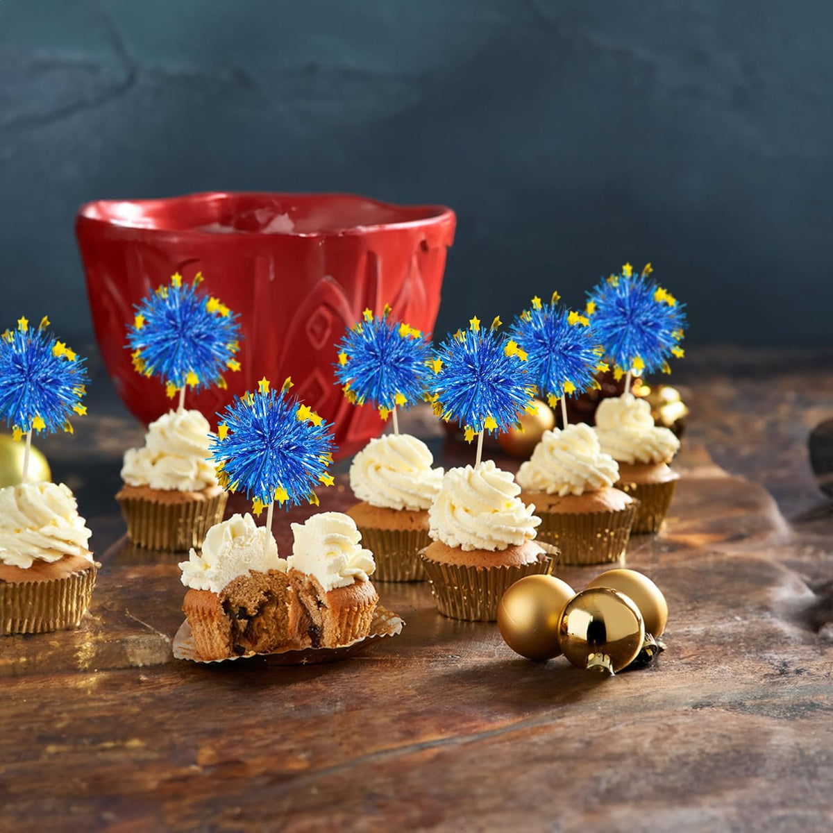 Ephlyn 30Pcs Foil Firework Cupcake Toppers Firework Cake Toppers Tinsel Flower Drink Stirrers Cocktail Food Fruit Toothpicks for Valentine's Day Party Decorations Blue