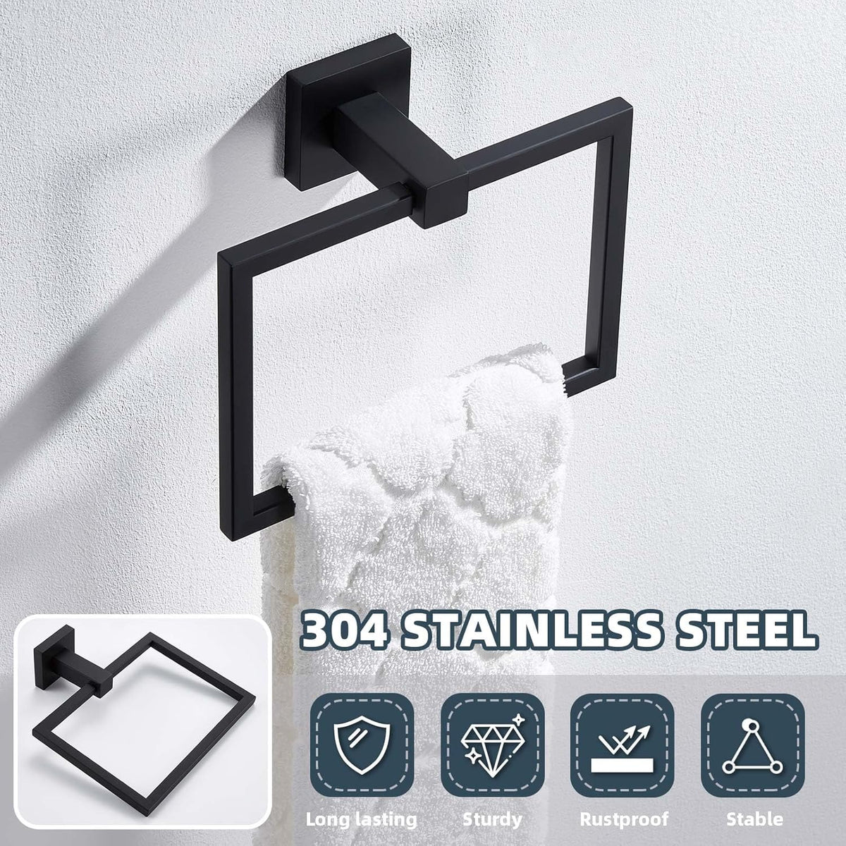 APLusee Swivel Towel Ring Matte Black, 304 Stainless Steel Square Hand Towel Holder for Bathroom Wall Mounted