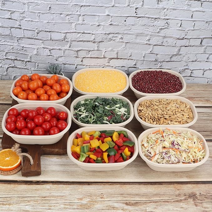 25 oz Disposable salad bowls with lids, Sugarcane Fiber Paper Bowls take away Bagasse food containers meal prep deli container 50 Pack