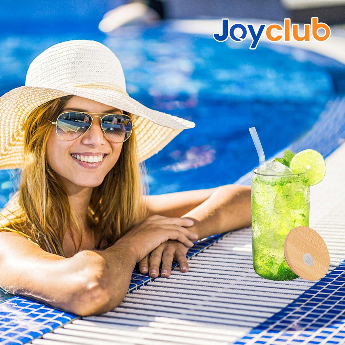 Joyclub Glass Cups with Bamboo Lids and Straws 12 Set 16 oz Reusable Iced Coffee Cup Beer Can Drinking Jars for Smoothie Whiskey Boba Soda Tea Gift