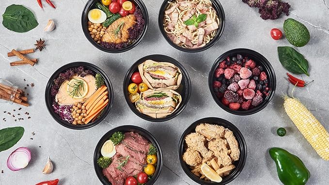 FULING 38 oz 50 ct Round Meal Prep Containers with Lids Plastic Food Storage To Go Lunch Plan Box Disposable Take Out Bowls Black BPA Free Reusable Durable Stackable Microwave Freezer Dishwasher Safe