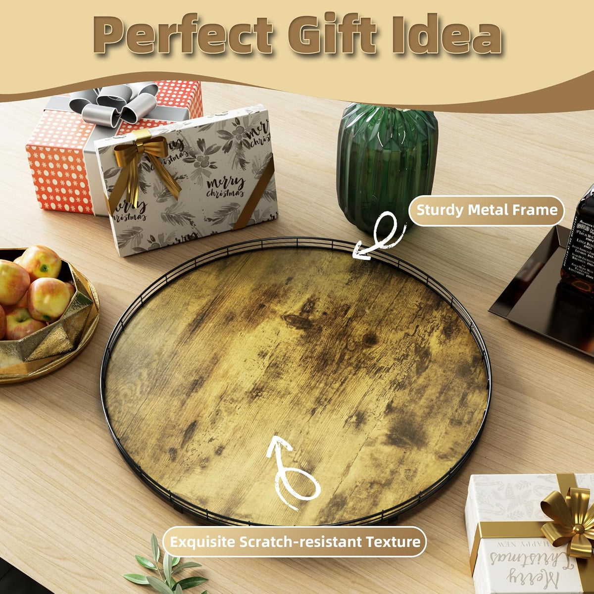 Lazy Susan Turntable Organizer for Table Top, 24’’ Round Wooden Lazy Susan for Cabinet Kitchen Countertop Pantry Dining Coffee Table for Condiments Spices, Rustic Bathroom Vanity Tray for Soap Candle