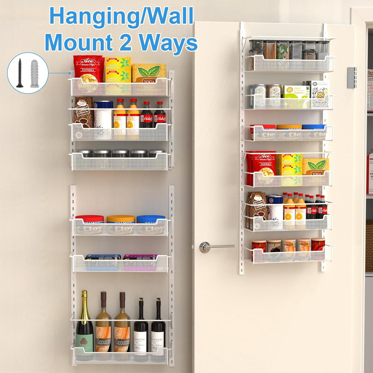 Over the Door Pantry Organizer, 6-Tier Over the Door Organizer with Adjustable Basket, Pantry Door Organization for Pantry Kitchen Storage Room Spice Rack, White