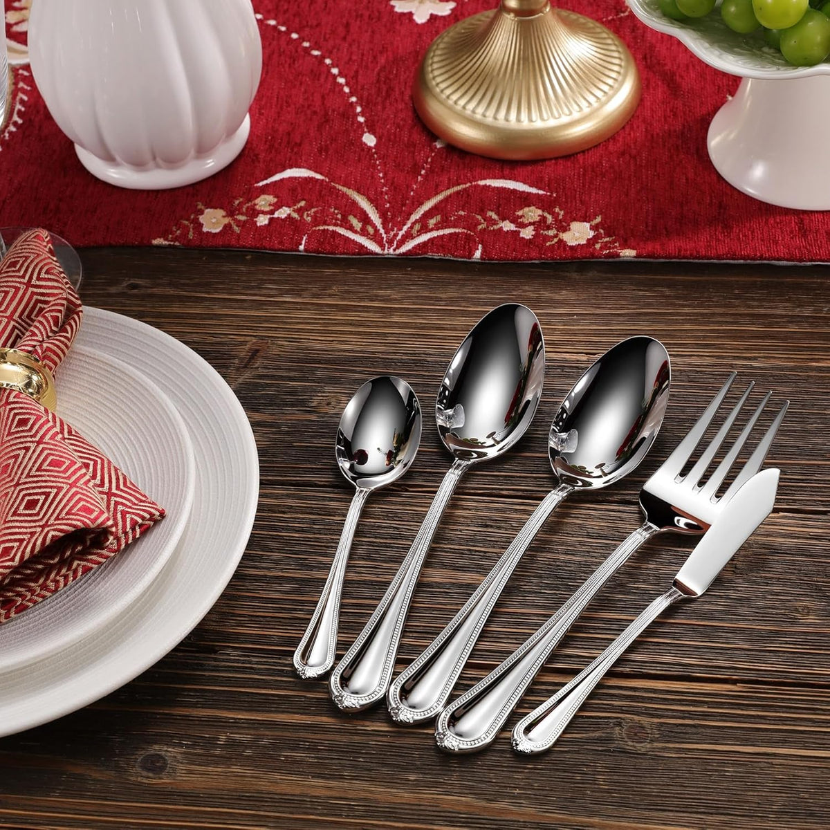 KEAWELL Pearl Edge Premium 45-Piece Refined Bead Silverware Set, 18/10 Stainless Steel, Service for 8, Fine Flatware Set with Serving Utensils, Dishwasher Safe (45, Silver)