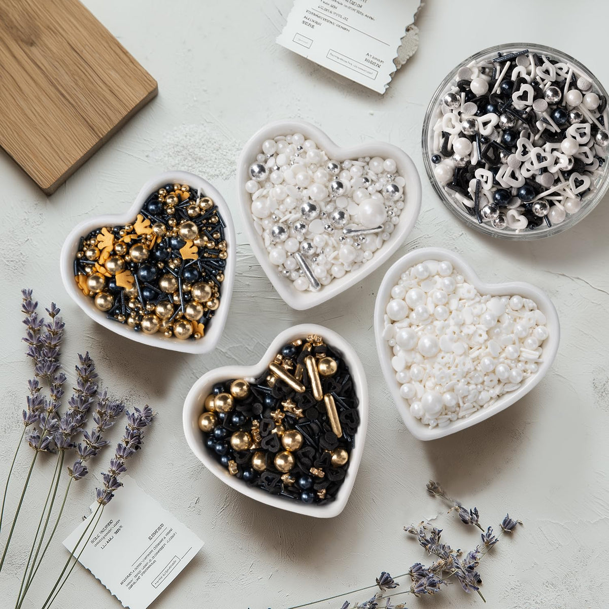 Black and White Heart Sprinkles for Cake Decorating 4.23ounce - Sugar Mix Contains Heart & Silver Pearl Sprinkles for Cupcake Toppers, Ice Cream, Candy, Cookie Decorations - Holiday Party Supplies